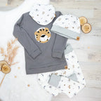 Waffeljersey Langarmshirt Grau mit Tiger Stickerei
